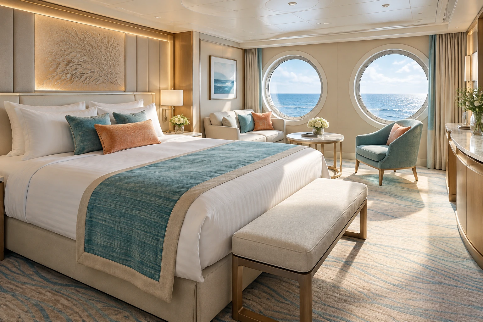 Daylight-filled cruise suite with round windows and cyan and apricot details