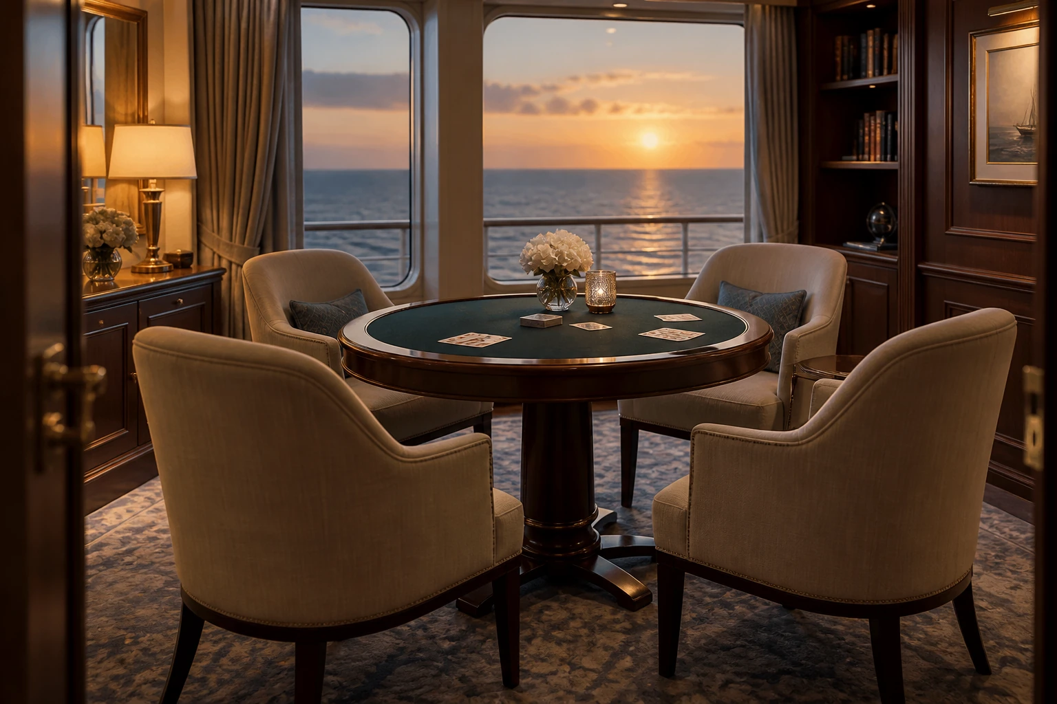 Intimate onboard card salon overlooking the sea in soft evening light