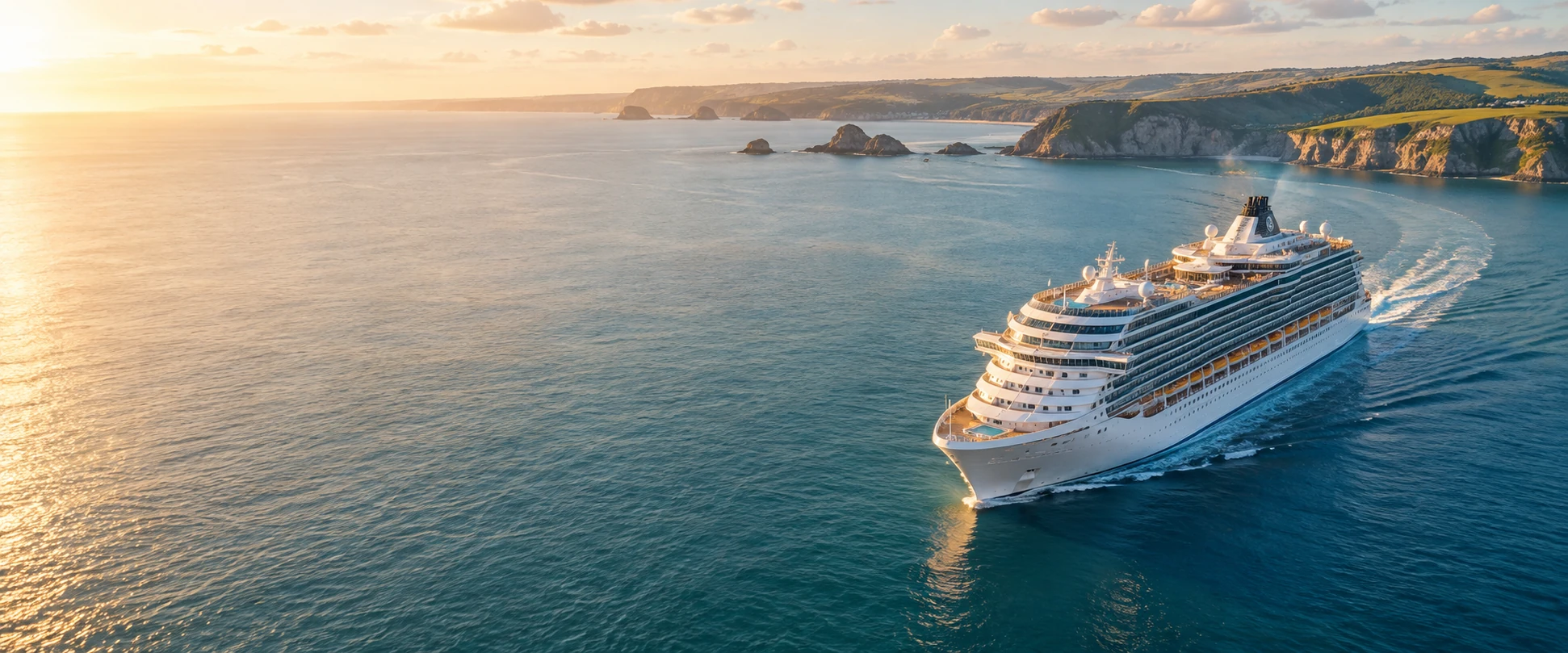 White cruise ship beside the British coast in clear golden morning light